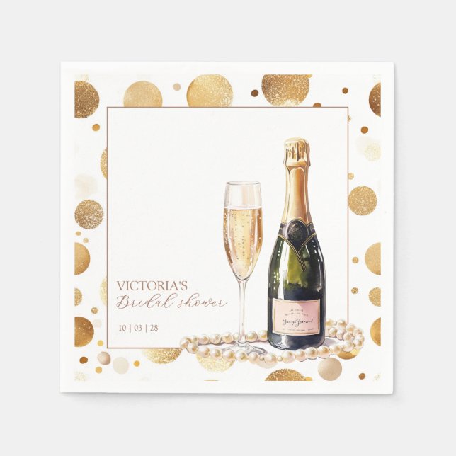 Serviette En Papier Fête de Mariage Perles et Prosecco Pailletées Doré (Devant)