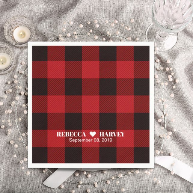 Serviette En Papier fête de mariage rustique d'hiver de buffle rouge p (red buffalo plaid rustic winter wedding party napkins)