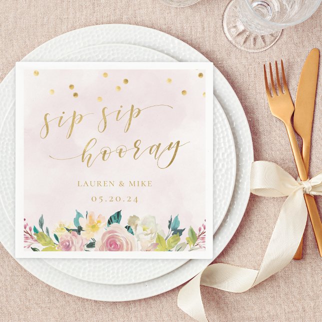 Serviette En Papier Fête de mariage Rustique Rose Floral Sip Sip Hoora (Créateur téléchargé)