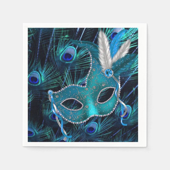 Serviette En Papier Fête de Mascarade Paon Bleu Turquoise (Devant)