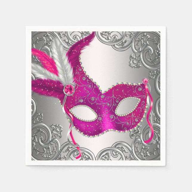 Serviette En Papier Fête de Mascarade Rose Chaud Élégante (Devant)