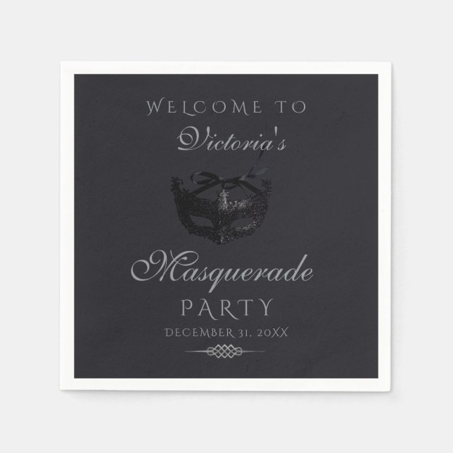 Serviette En Papier Fête de masquerade moderne argent noir  (Devant)
