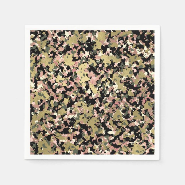 Serviette En Papier Fête de motif de camouflage noir vert rose or (Devant)