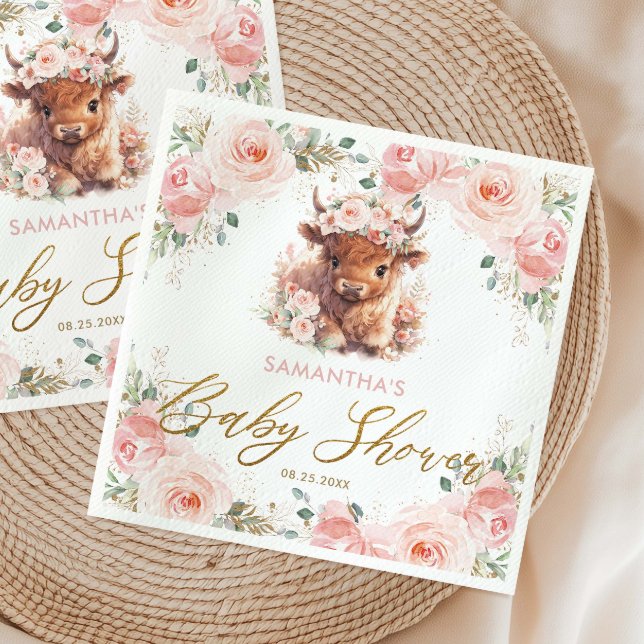 Serviette En Papier Fête de naissance bébé Fleur Rose Vache Highland D (Créateur téléchargé)