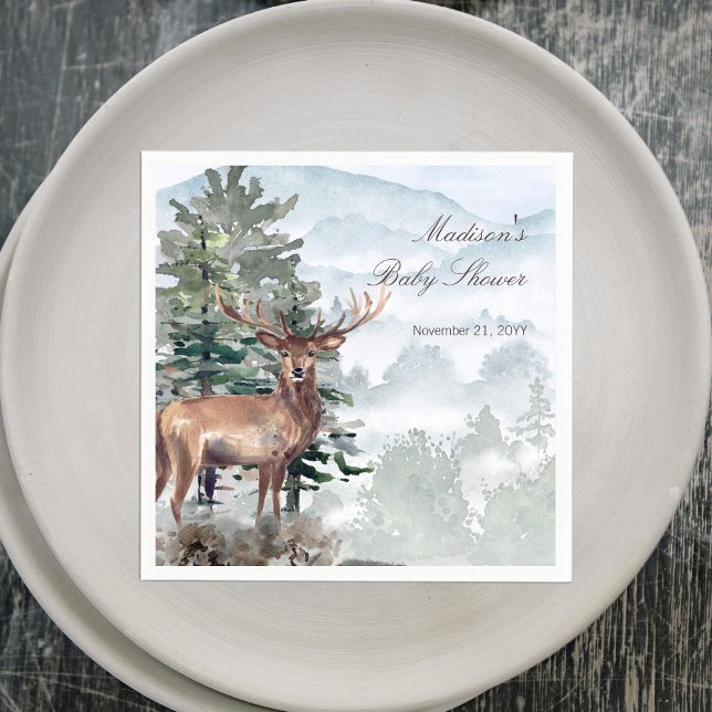 Serviette En Papier Fête de Naissance Cerf de la Forêt au Bois Aquarel (Watercolor Woodland Forest Stag Baby Shower Napkins)