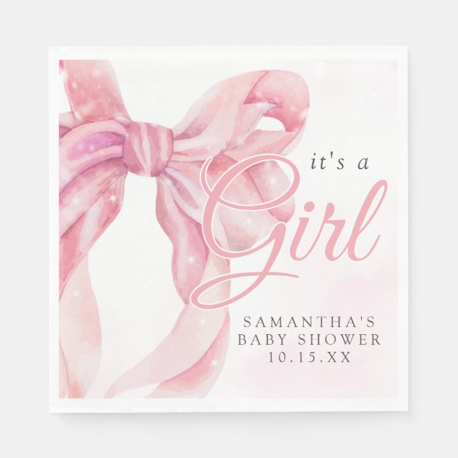 Serviette En Papier Fête de naissance de bébé fille à l'arc rose (Devant)