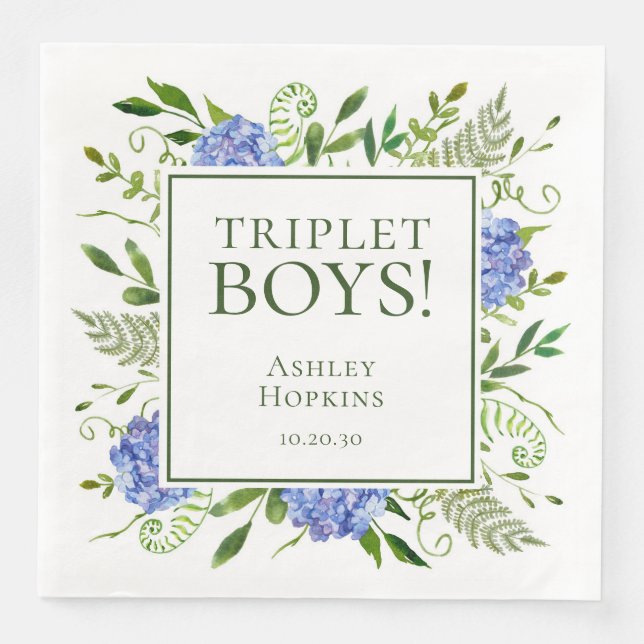 Serviette En Papier Fête de naissance des triplés garçons Hydrangeas b (Devant)
