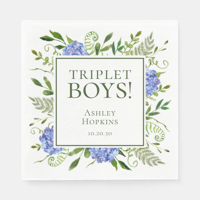 Serviette En Papier Fête de naissance des triplés garçons Hydrangeas b (Devant)