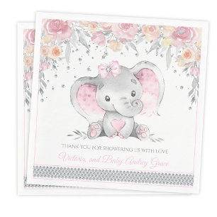 Serviette En Papier Fête de naissance éléphant gris rose diamant flora