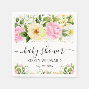Serviette En Papier Fête de naissance Fleurs jaunes et roses à l'aquar
