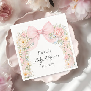Serviette En Papier Fête de naissance florale élégante rose pâle ruban
