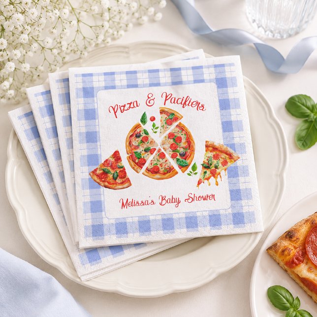 Serviette En Papier Fête de naissance garçon Pizza et Tétines Gingham  (Créateur téléchargé)