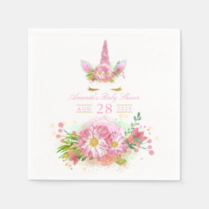 Serviette En Papier Fête de naissance Licorne Fleurie Rose et Or