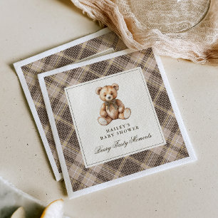 Serviette En Papier Fête de Naissance Ours en Peluche Tartan Brun Vint