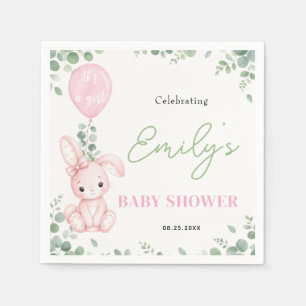 Serviette En Papier Fête de Naissance Petite Fille au Lapin et Eucalyp