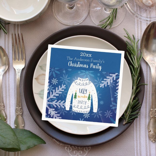 Serviette En Papier Fête de Noël affreux pull bleu flocons de neige bl (Créateur téléchargé)