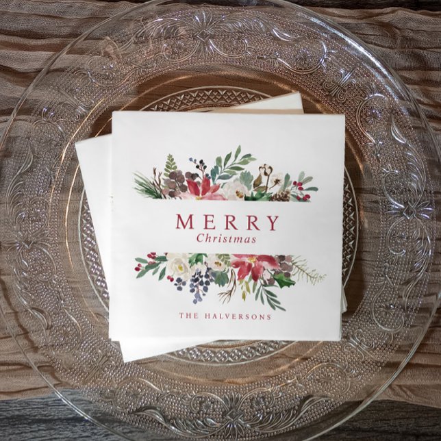 Serviette En Papier Fête de Noël Aquarelle Verdure Poinsettia (Festive watercolor Christmas party napkins - office holiday party decor)