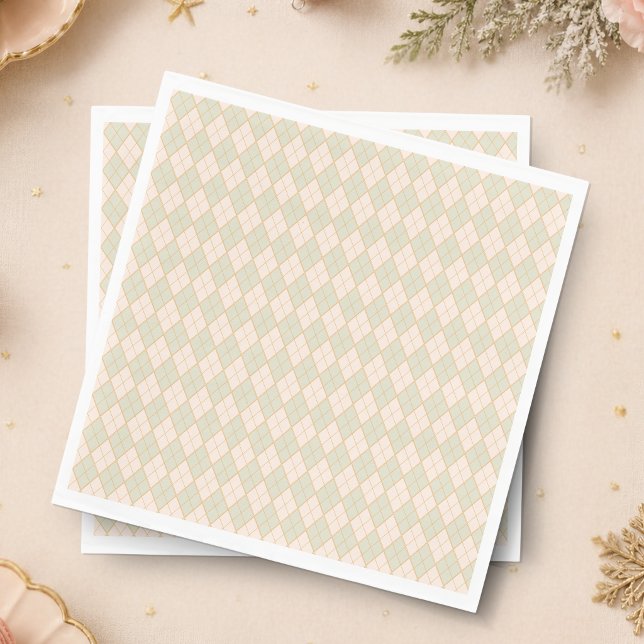 Serviette En Papier Fête de Noël Argyle Prépa Pêche Menthe (Preppy Argyle Peach Mint Christmas Holiday Party Paper Napkin)
