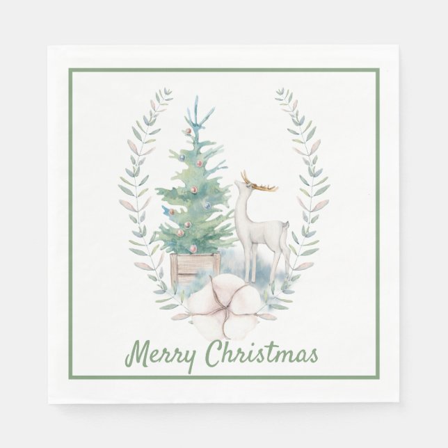 Serviette En Papier Fête de Noël cerf et sapin de Noël (Devant)