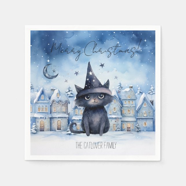 Serviette En Papier Fête de Noël de Chat Noir mignonne (Devant)