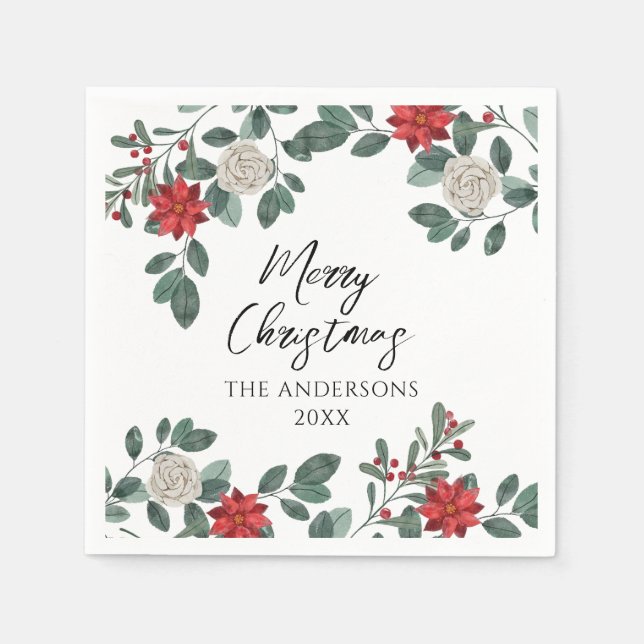 Serviette En Papier Fête de Noël Fleurs Rouge Vert (Devant)