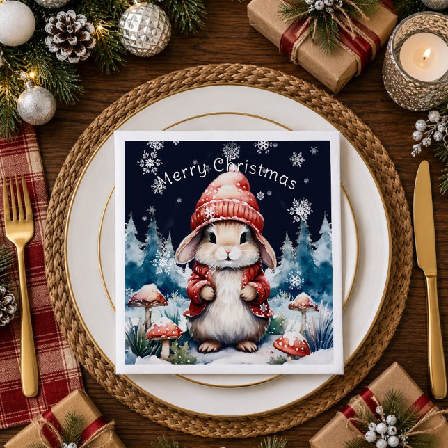 Serviette En Papier Fête de Noël Lapin Fantaisiste (Whimsical Christmas Bunny Paper Napkins)