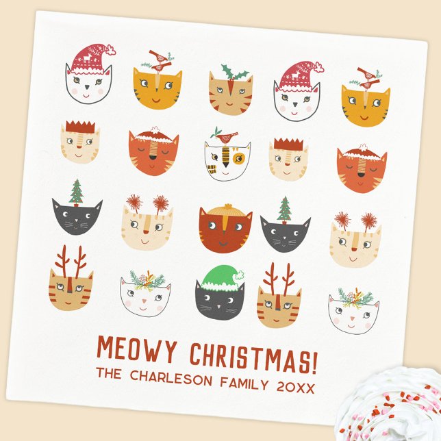 Serviette En Papier Fête de Noël Meowy de Chat Drôle (Meowy Christmas custom text name date fun Holiday party paper napkins)