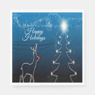Serviette En Papier Fête de Noël Renne Arbre Ciel Bleu Étoiles Brillan