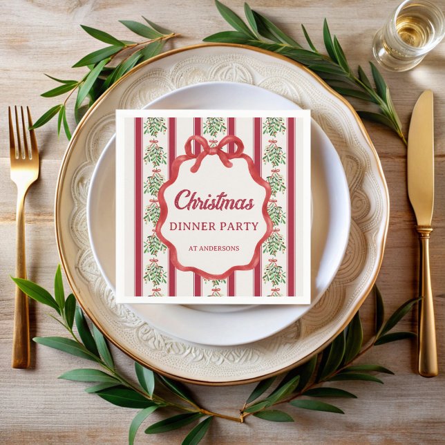 Serviette En Papier Fête de Noël rouge rétro rayures monogramme (Christmas dinner party red retro stripes monogrammed printed napkins personalized Christmas decor)