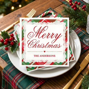 Serviette En Papier Fête de Noël Tartan Rouge Vert Broderie Anglaise