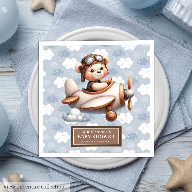 Serviette En Papier Fête de pilote de l'ours en peluche pour bébé pers (Personalized Baby Boy Teddy Bear Pilot Party Paper Dinner Napkins)