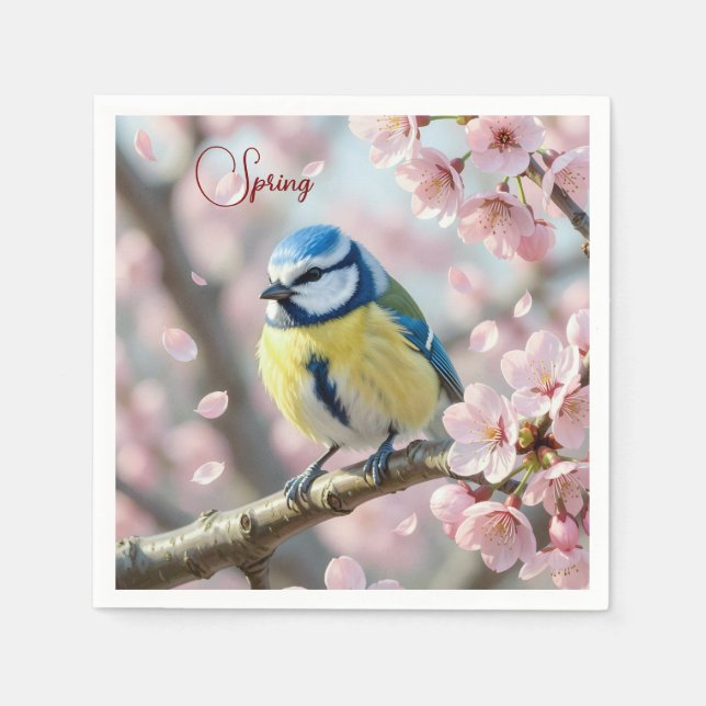 Serviette En Papier Fête de printemps personnalisée Mésange bleue sur  (Devant)