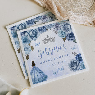 Serviette En Papier Fête de Quinceañera aux fleurs argentées bleues