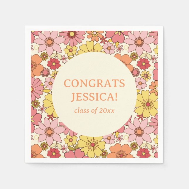 Serviette En Papier Fête de remise de diplômes rétro rose jaune floral (Devant)