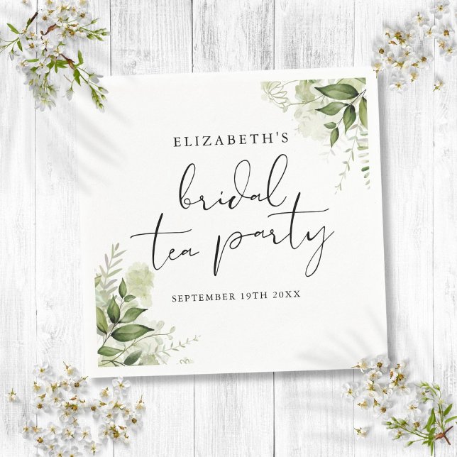 Serviette En Papier Fête de thé de mariage élégant script rustique ver (Rustic Greenery Elegant Script Bridal Tea Party Napkins)