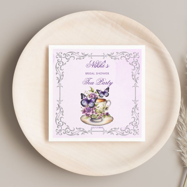Serviette En Papier Fête de thé victorienne aux papillons violets (Purple butterflies Victorian bridal shower tea party printed Napkins personalized tableware decor)