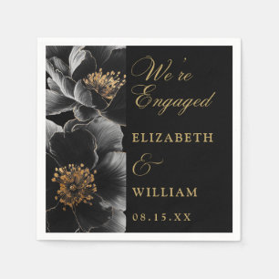 Serviette En Papier Fête d'engagement florale Élégante Noire Et Or