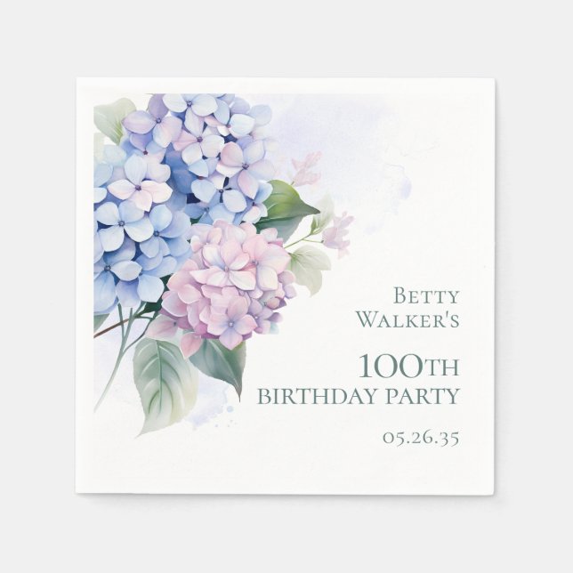 Serviette En Papier Fête des 100 ans Hydrangeas Rose Bleu (Devant)