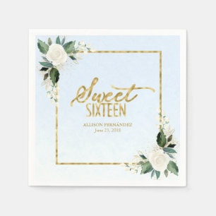 Serviette En Papier Fête des 16 ans Poussiéreux Bleu Or Feuille Floral