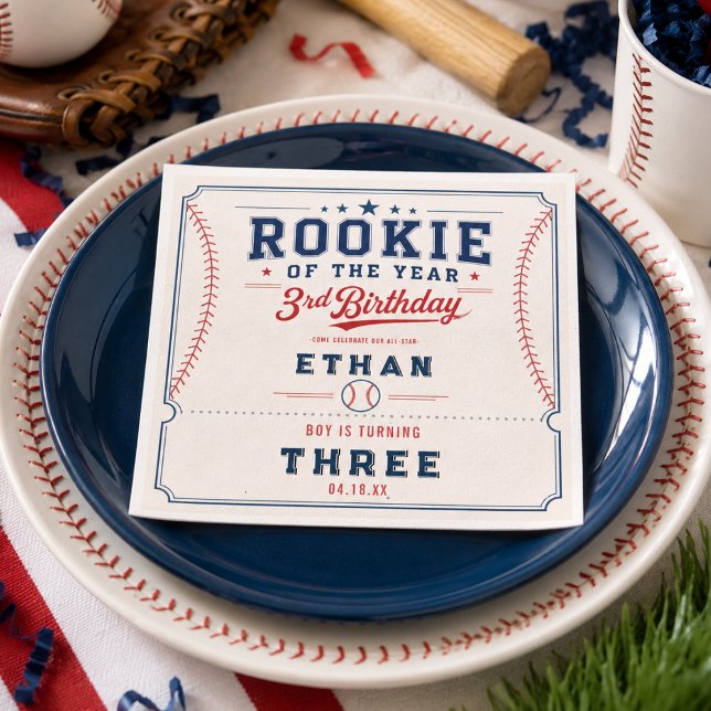 Serviette En Papier Fête des 3 ans de baseball Recrue de l'année (Rookie of the Year Baseball 3rd Birthday Party Napkins
)