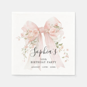 Serviette En Papier Fête des 50 ans cocktail rose avec ruban rose