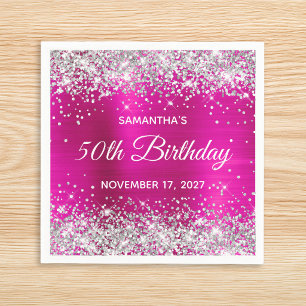 Serviette En Papier Fête des 50 ans paillettes argent rose chaud