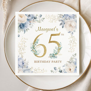 Serviette En Papier Fête des 65 ans Élégante Fleurie Bleu Poussiéreux