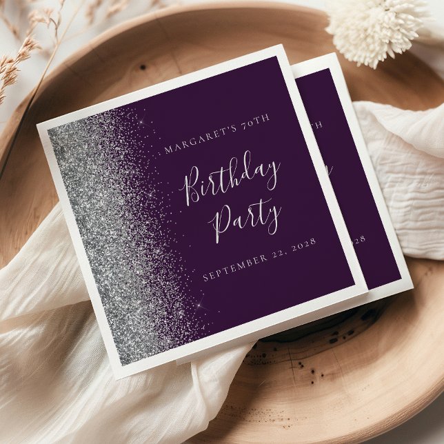 Serviette En Papier Fête des 70 ans Glitter Argent Violet (Créateur téléchargé)