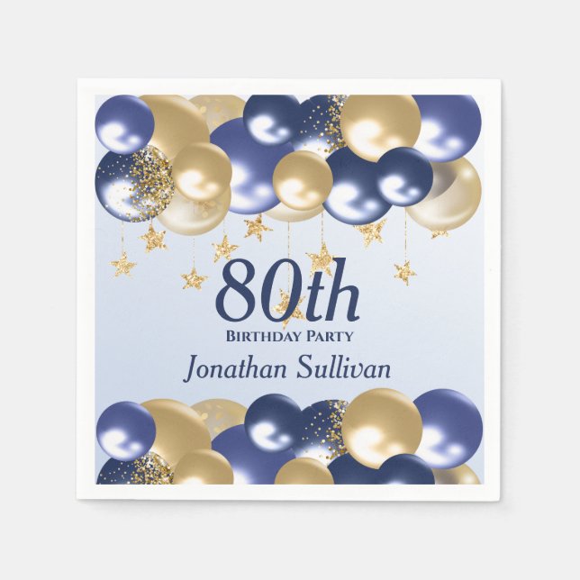 Serviette En Papier Fête des 80 ans ballons dorés marine (Devant)