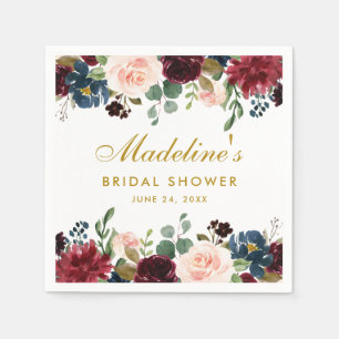 Serviette En Papier Fête des mariées Aquarelle Floral Bourgogne Bleu O