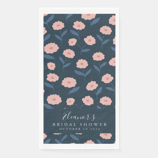 Serviette En Papier Fête des mariées Boho Navy et Pink Floral (Devant)
