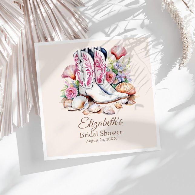 Serviette En Papier Fête des mariées Boots de cowgirl du littoral rose (Boho Pink Coastal Cowgirl Boots Bridal Shower Napkins on a sunny white table.)