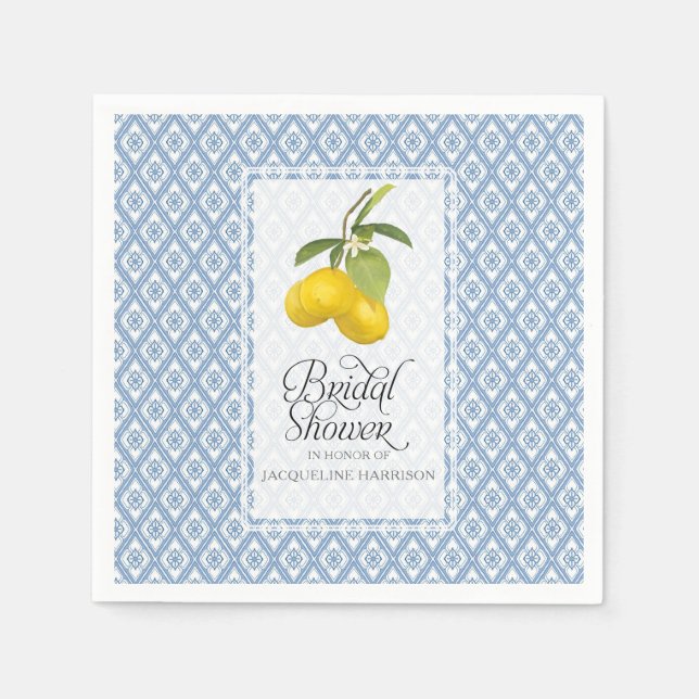 Serviette En Papier Fête des mariées Citron Citrus Bleu Blanc Motif Ar (Devant)