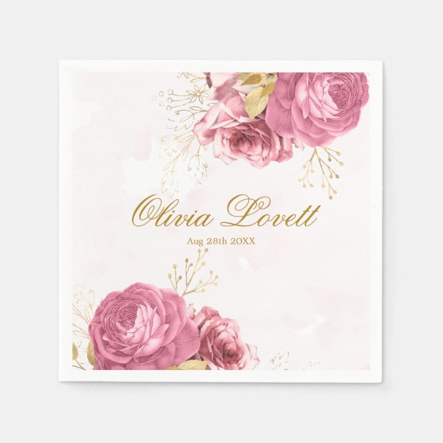 Serviette En Papier Fête des mariées de pivoine d'aquarelle rose (Devant)